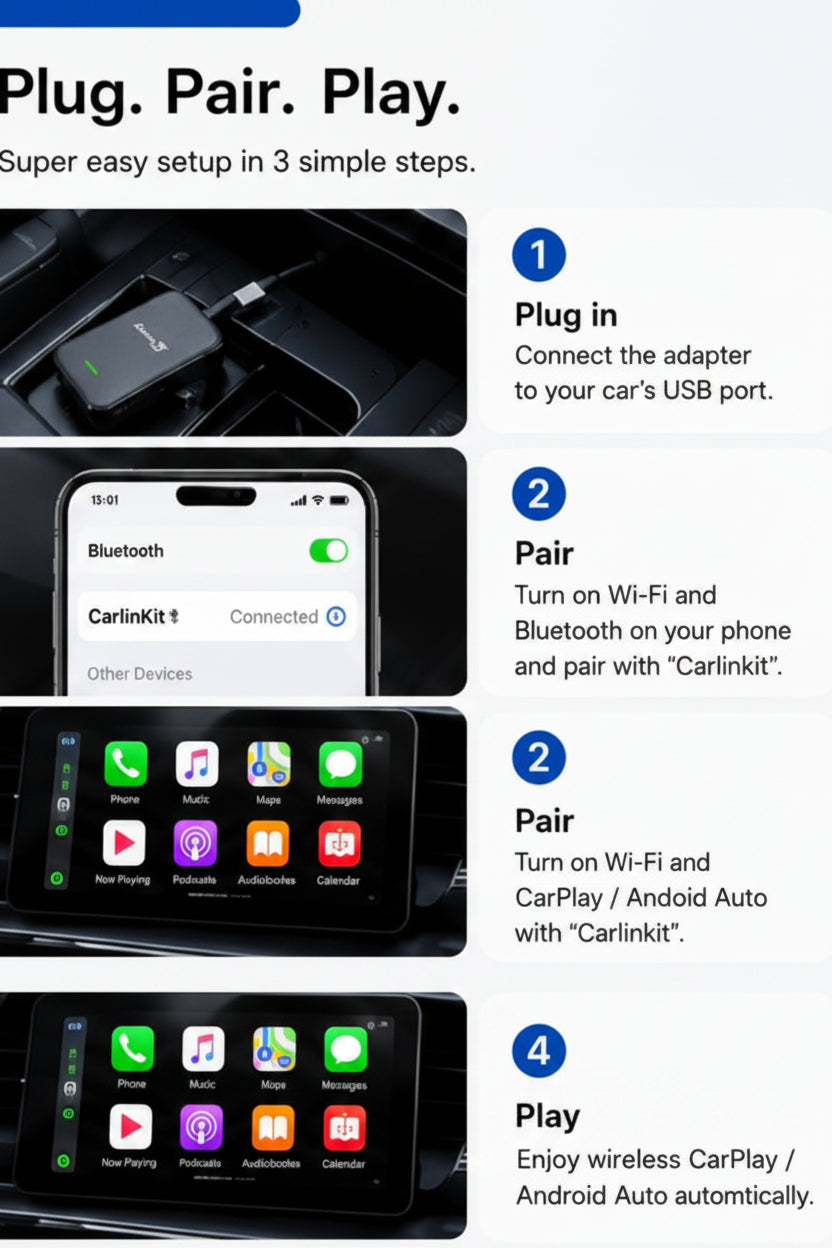 CarlinKit 5.0 2Air Best Quality Wireless CarPlay & Android Auto Adapter. Stop plugging in your phone every time you drive. The CarlinKit 5.0 adapter instantly converts your factory wired Apple CarPlay or Android Auto into a wireless connection.
